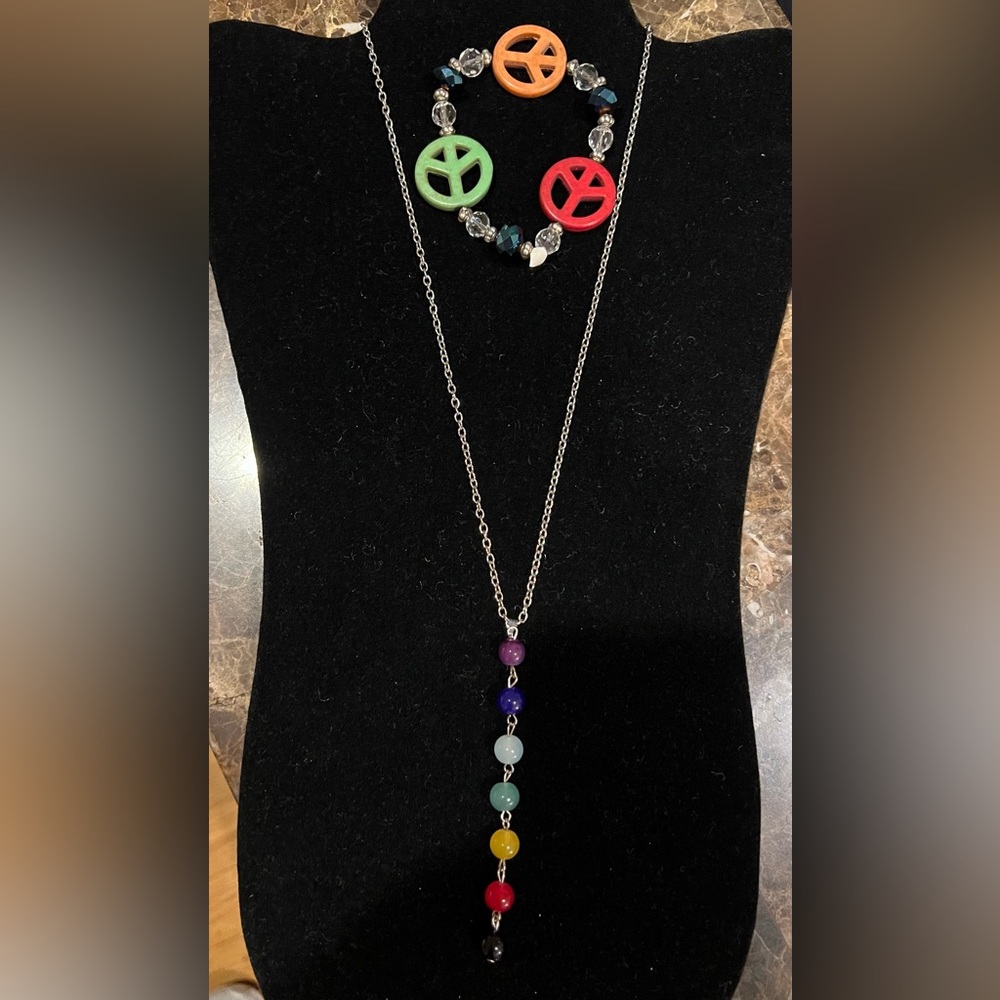 Chakras Silver Necklace Peace Sign Stretch bracelet Two for One Bundle NWT